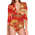 Vintage Chinese Flower Print Long Sleeve Swimsuit