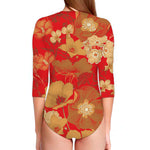 Vintage Chinese Flower Print Long Sleeve Swimsuit