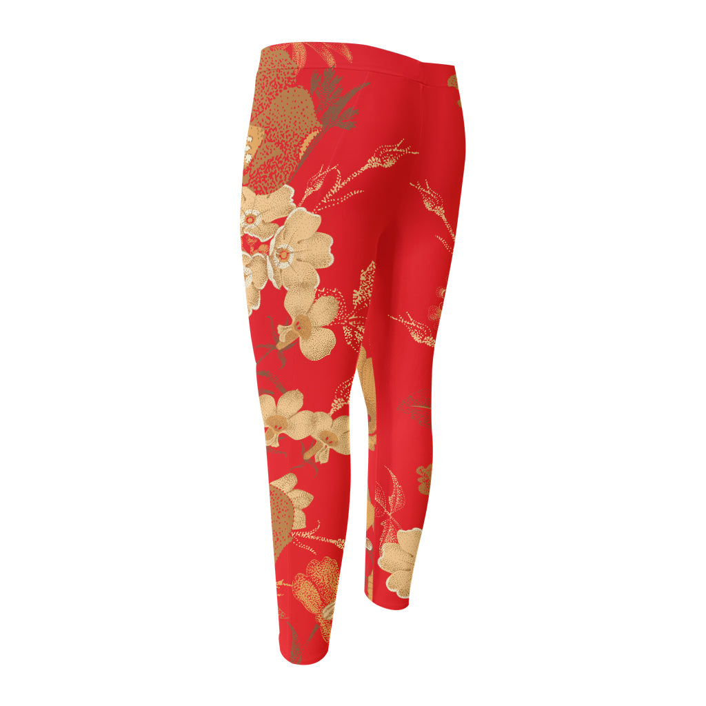 Vintage Chinese Flower Print Men's Compression Pants