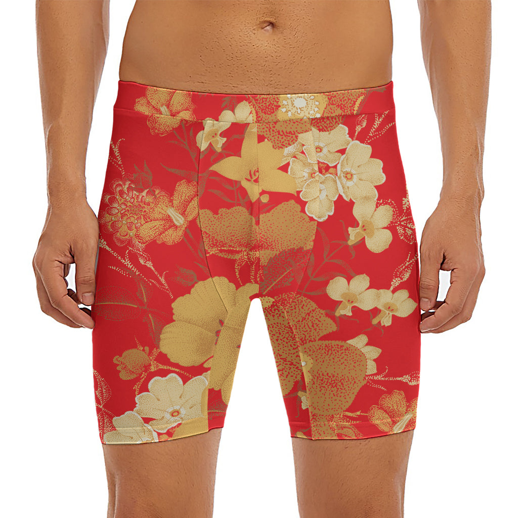 Vintage Chinese Flower Print Men's Long Boxer Briefs