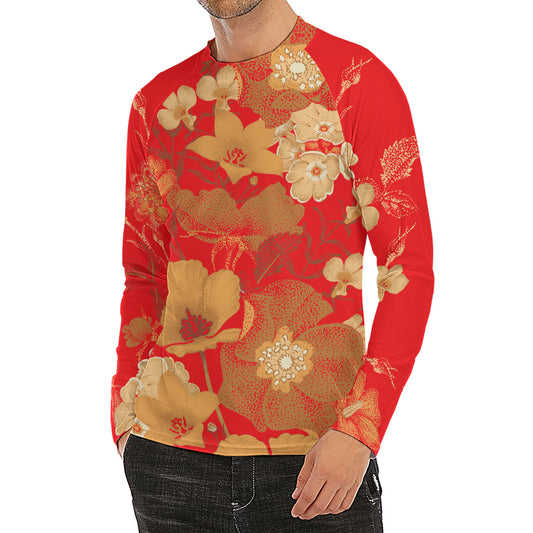 Vintage Chinese Flower Print Men's Long Sleeve Rash Guard
