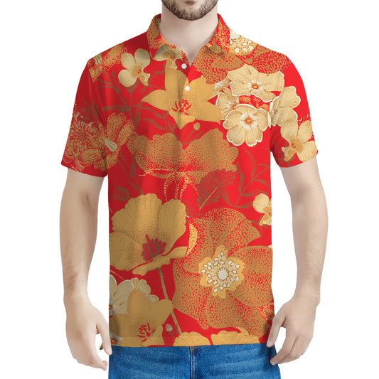 Vintage Chinese Flower Print Men's Polo Shirt