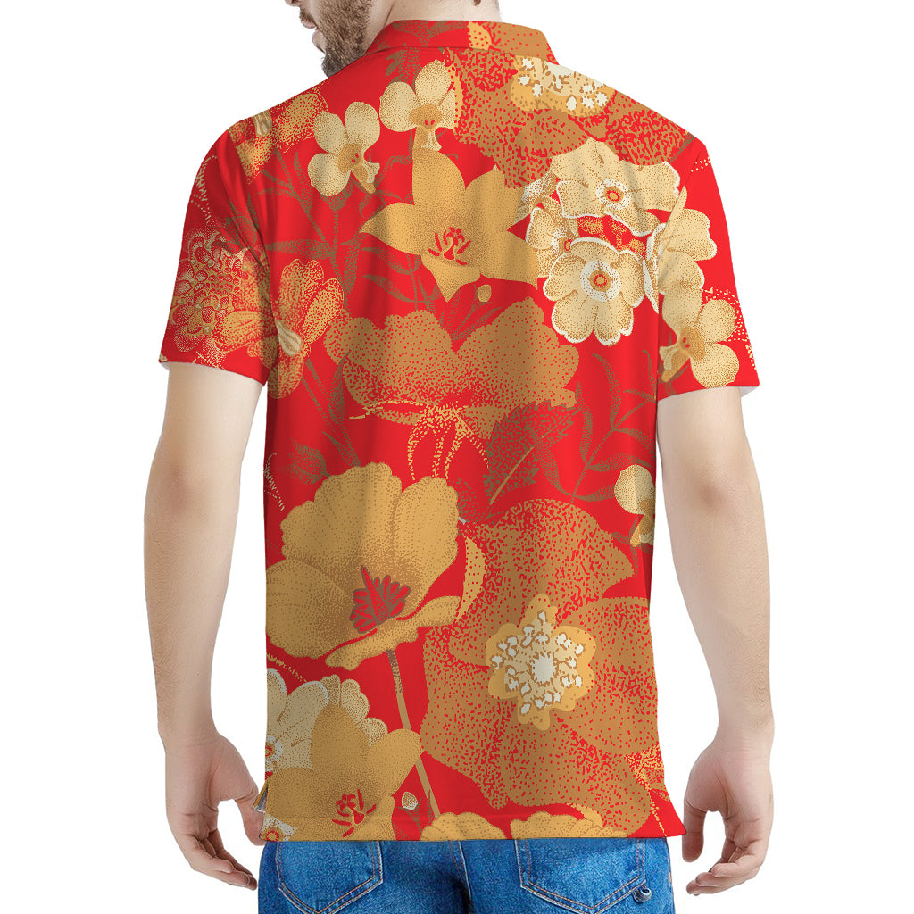 Vintage Chinese Flower Print Men's Polo Shirt