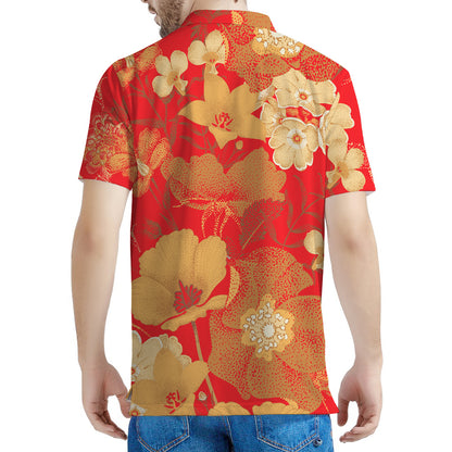Vintage Chinese Flower Print Men's Polo Shirt