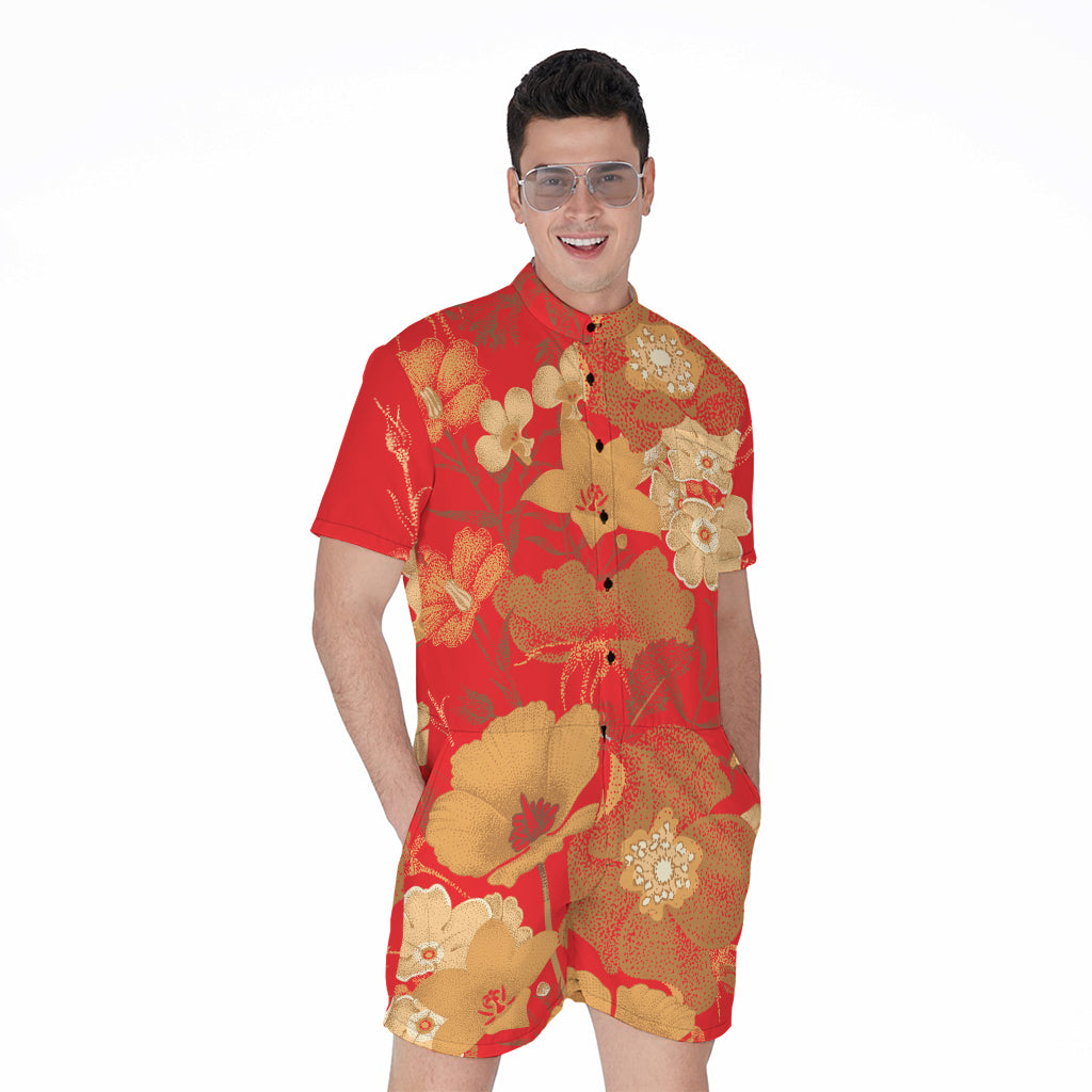 Vintage Chinese Flower Print Men's Rompers