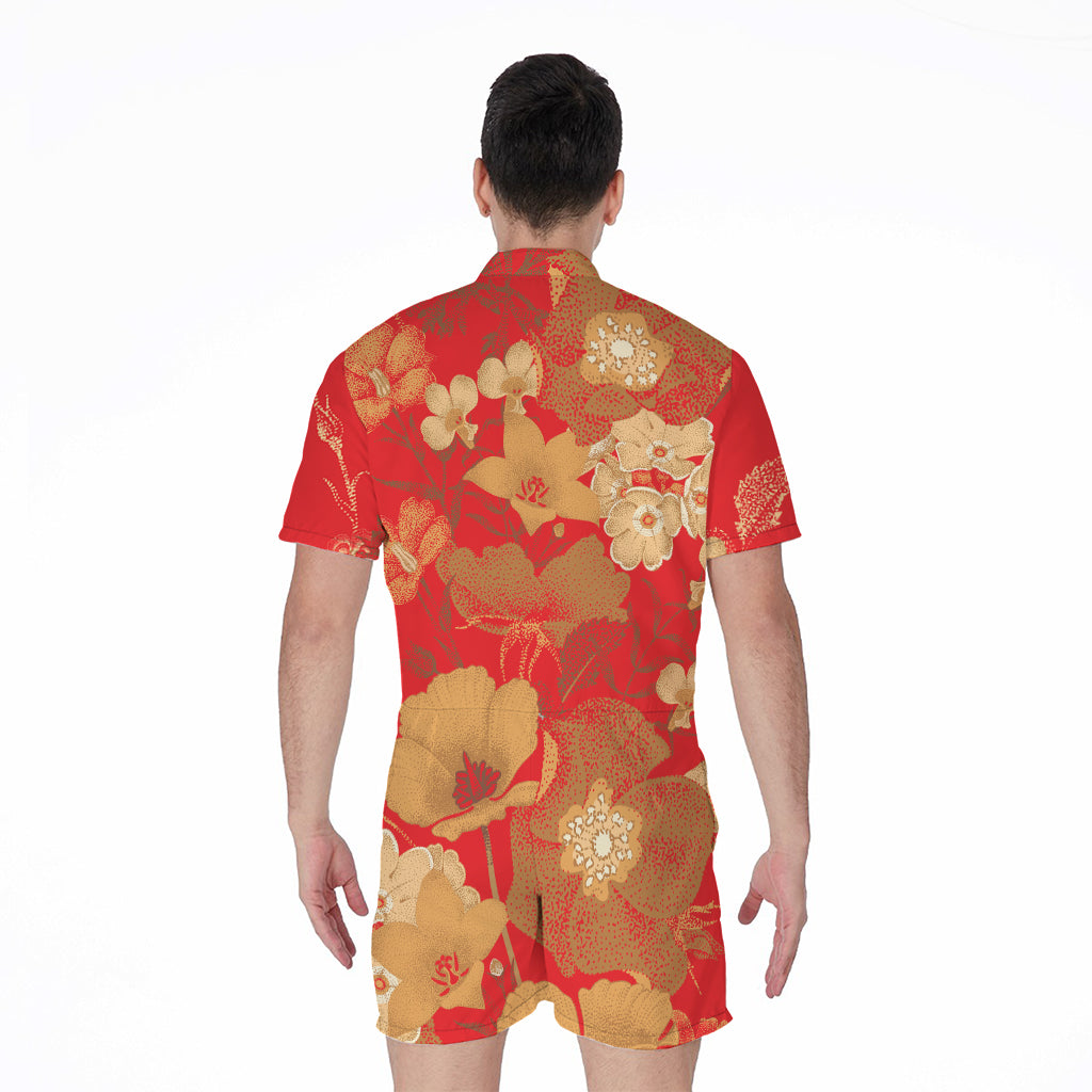Vintage Chinese Flower Print Men's Rompers