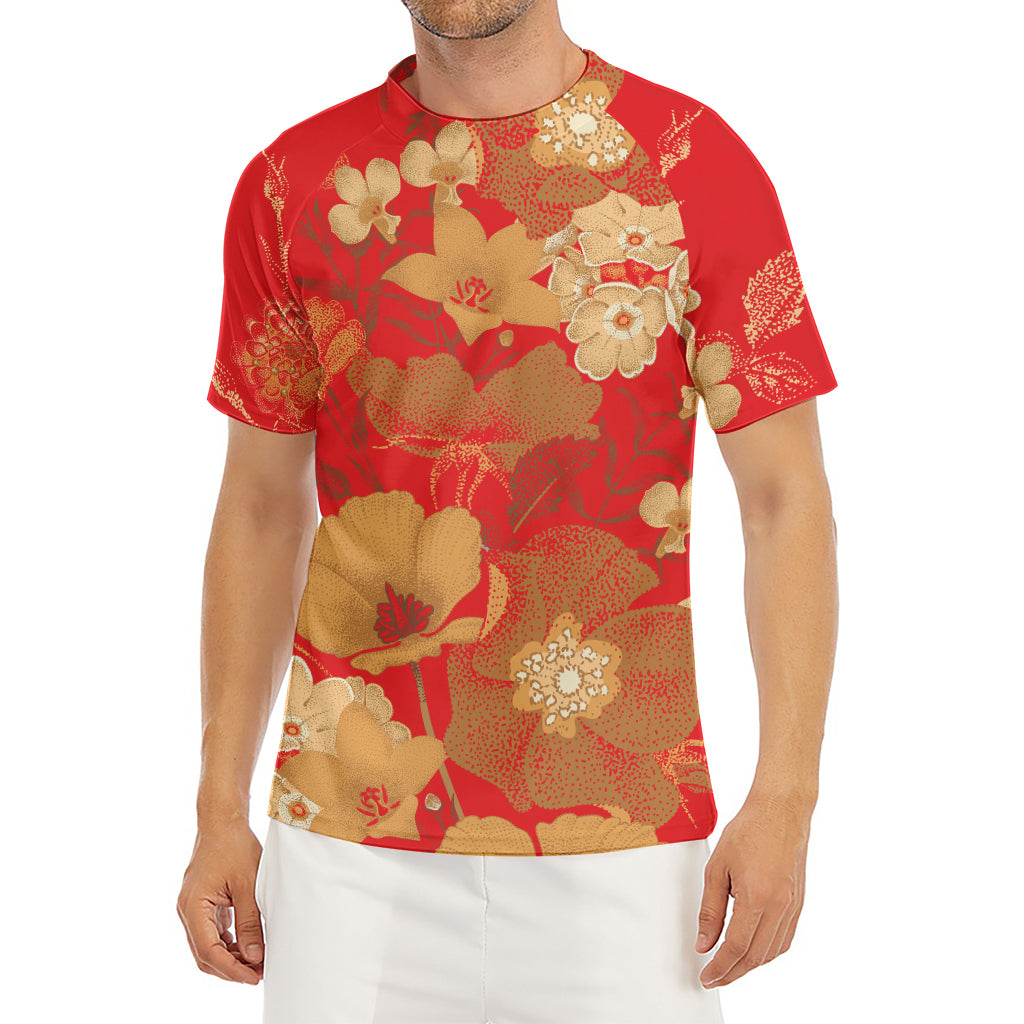 Vintage Chinese Flower Print Men's Short Sleeve Rash Guard