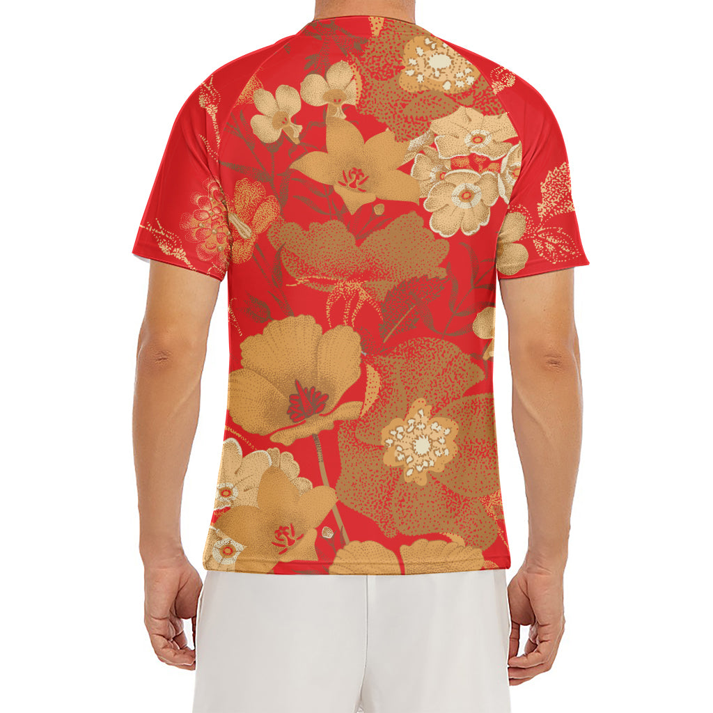 Vintage Chinese Flower Print Men's Short Sleeve Rash Guard