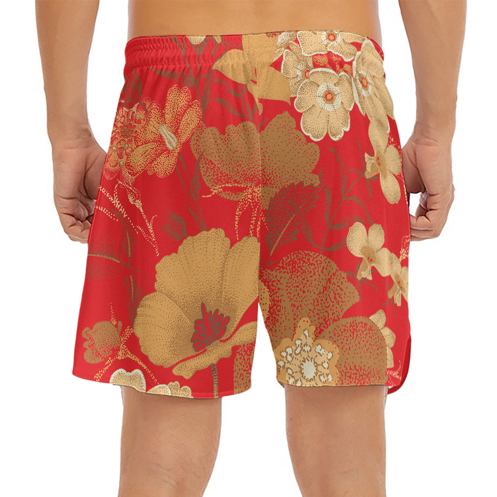 Vintage Chinese Flower Print Men's Split Running Shorts