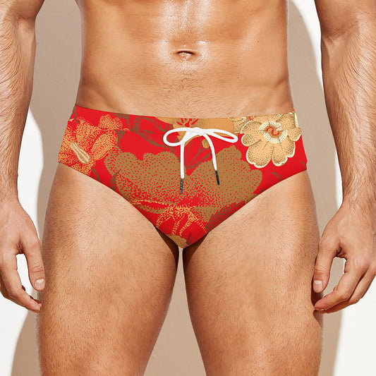 Vintage Chinese Flower Print Men's Swim Briefs