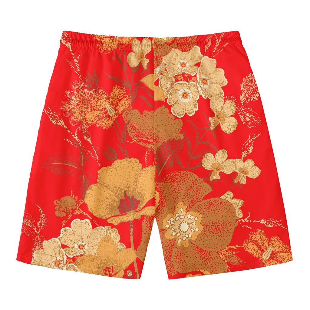 Vintage Chinese Flower Print Men's Swim Trunks