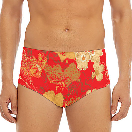 Vintage Chinese Flower Print Men's Triangle Swim Briefs