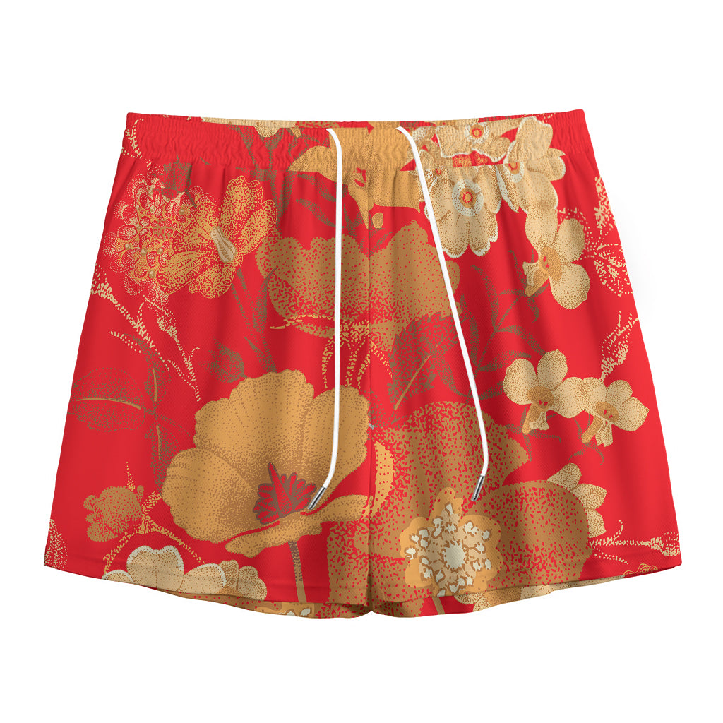 Vintage Chinese Flower Print Mesh Shorts