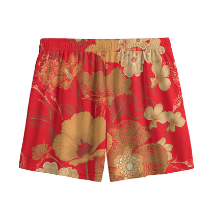 Vintage Chinese Flower Print Mesh Shorts
