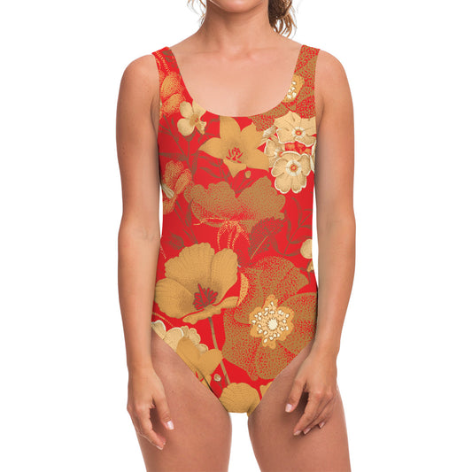 Vintage Chinese Flower Print One Piece Swimsuit