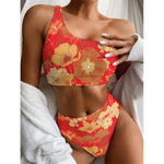 Vintage Chinese Flower Print One Shoulder Bikini Top