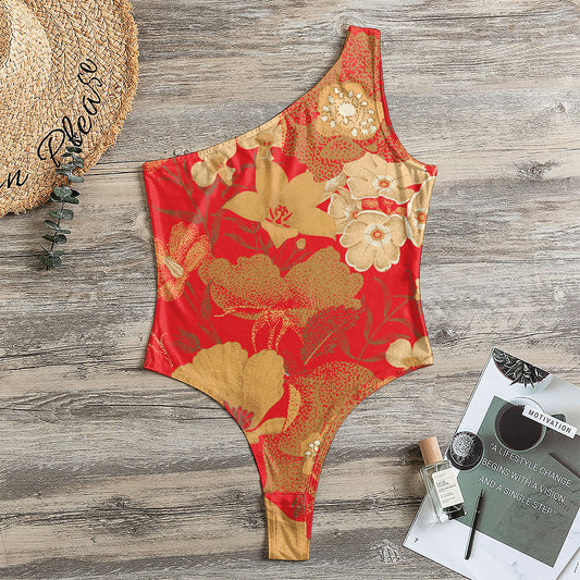 Vintage Chinese Flower Print One Shoulder Bodysuit