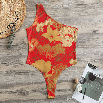 Vintage Chinese Flower Print One Shoulder Bodysuit