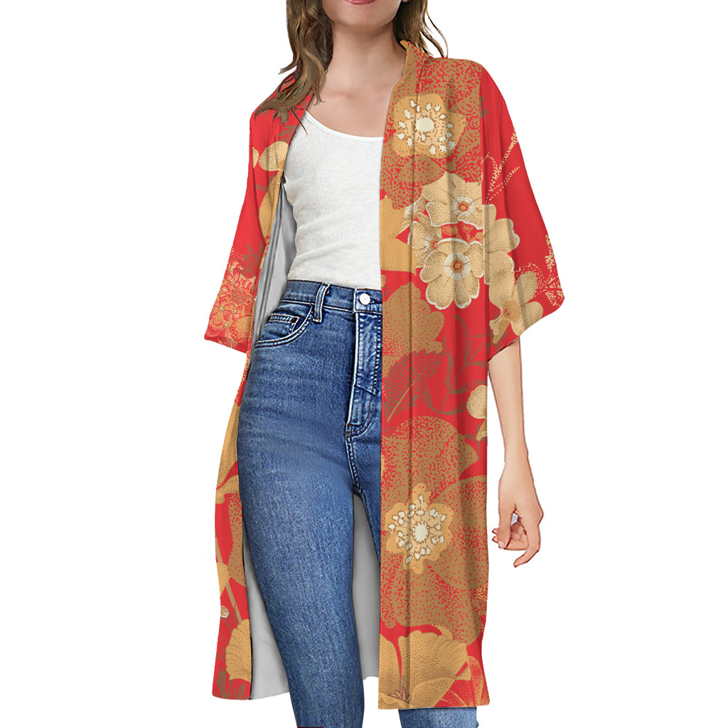 Vintage Chinese Flower Print Open Front Beach Cover Up
