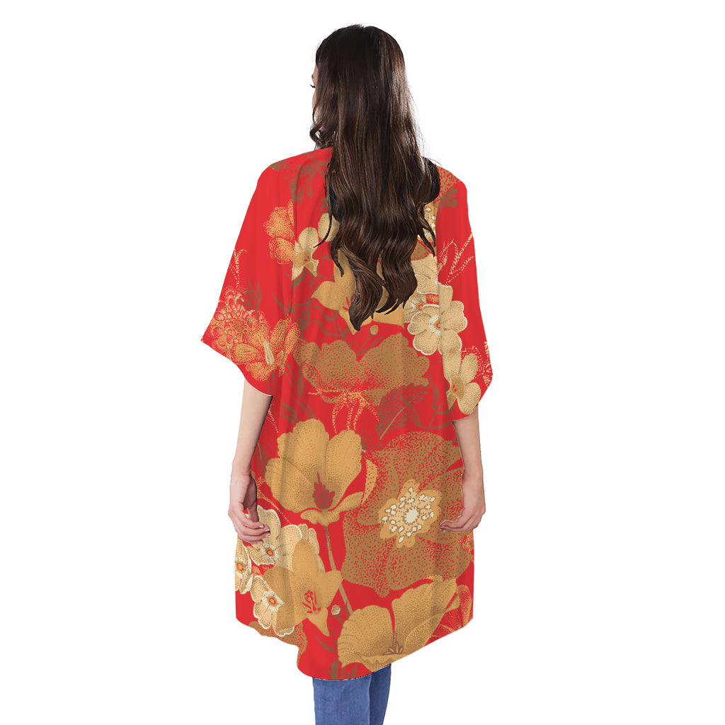 Vintage Chinese Flower Print Open Front Beach Cover Up