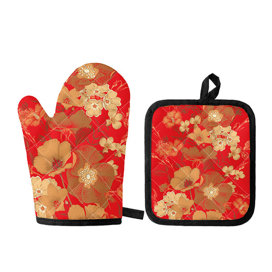 Vintage Chinese Flower Print Oven Mitt And Pot Holder Set