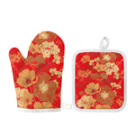 Vintage Chinese Flower Print Oven Mitt And Pot Holder Set
