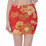 Vintage Chinese Flower Print Pencil Mini Skirt