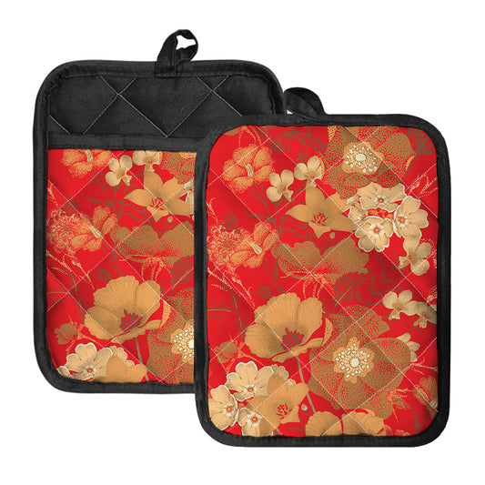 Vintage Chinese Flower Print Pot Holders With Pocket