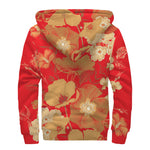 Vintage Chinese Flower Print Sherpa Lined Zip Up Hoodie
