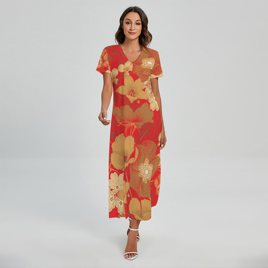 Vintage Chinese Flower Print Short Sleeve Maxi Dress