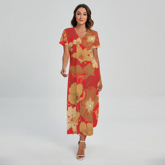 Vintage Chinese Flower Print Short Sleeve Maxi Dress