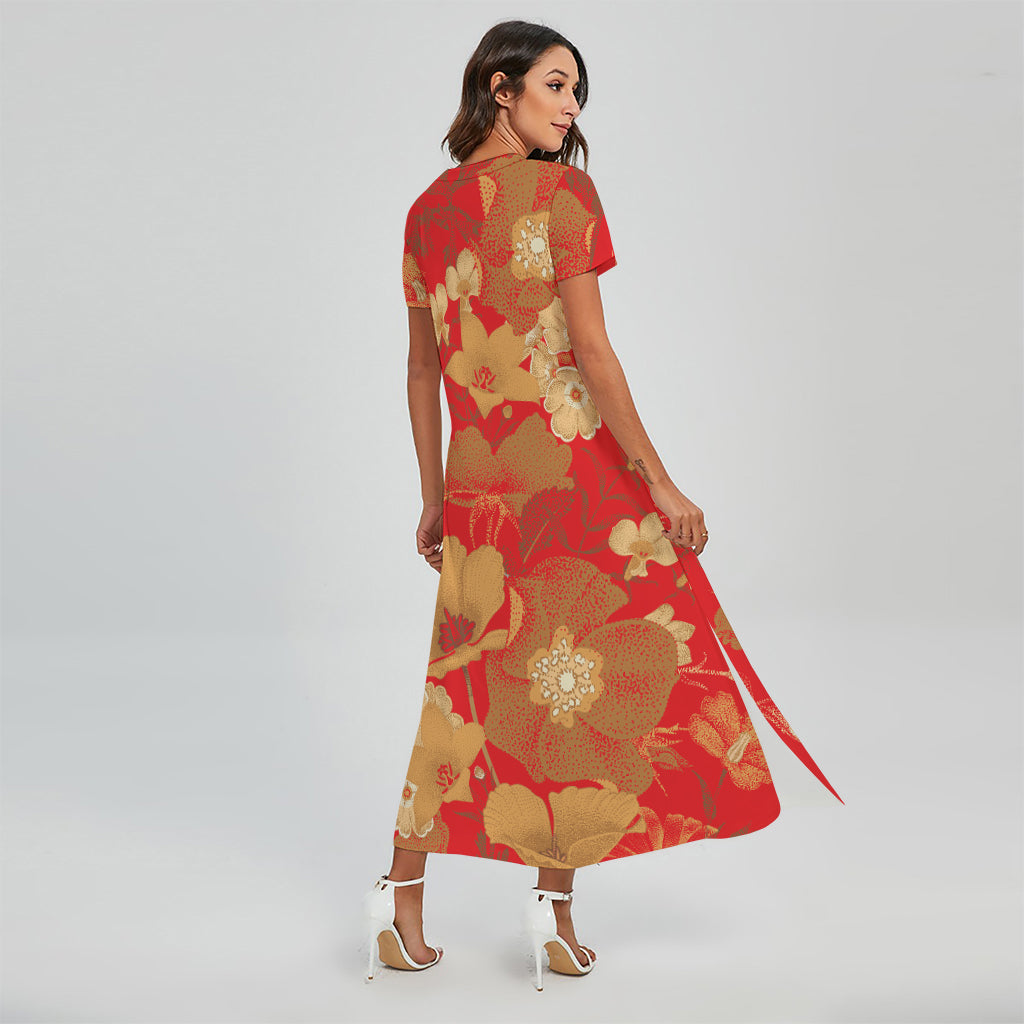 Vintage Chinese Flower Print Short Sleeve Maxi Dress