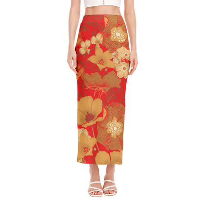 Vintage Chinese Flower Print Side Slit Maxi Skirt