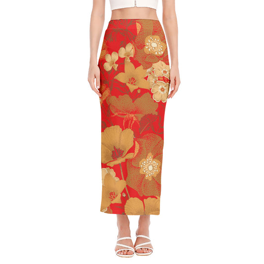 Vintage Chinese Flower Print Side Slit Maxi Skirt