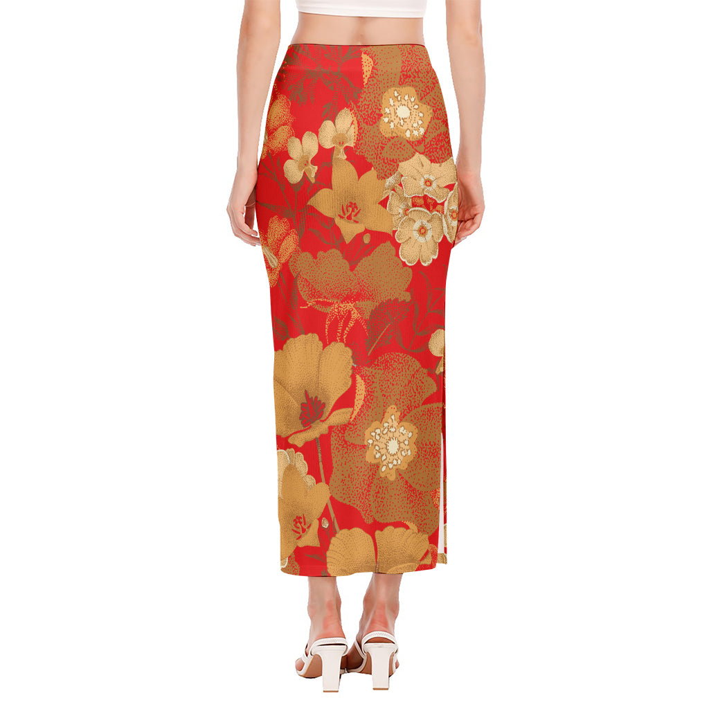 Vintage Chinese Flower Print Side Slit Maxi Skirt