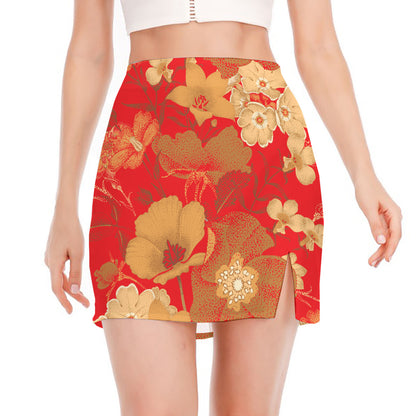 Vintage Chinese Flower Print Side Slit Mini Skirt