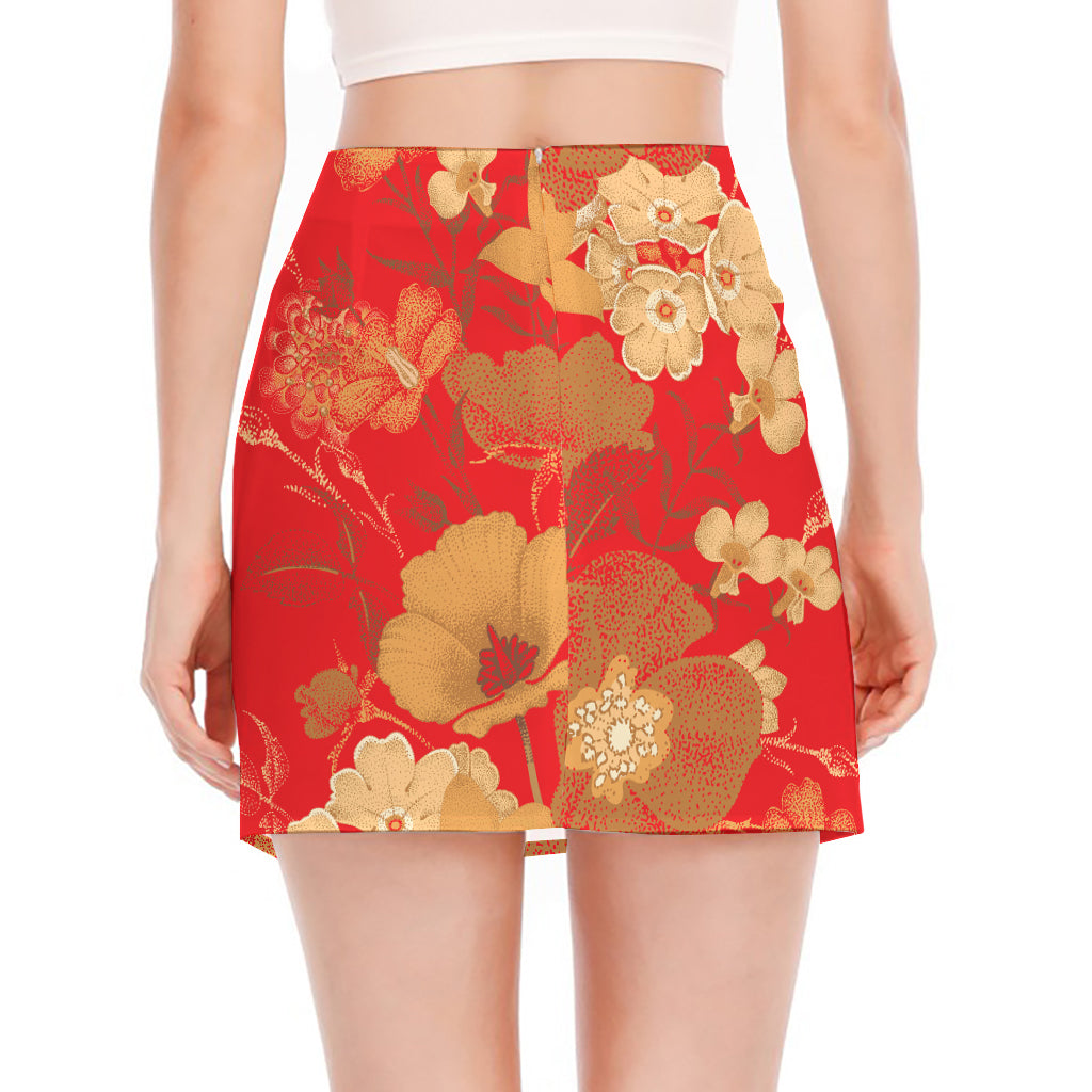 Vintage Chinese Flower Print Side Slit Mini Skirt