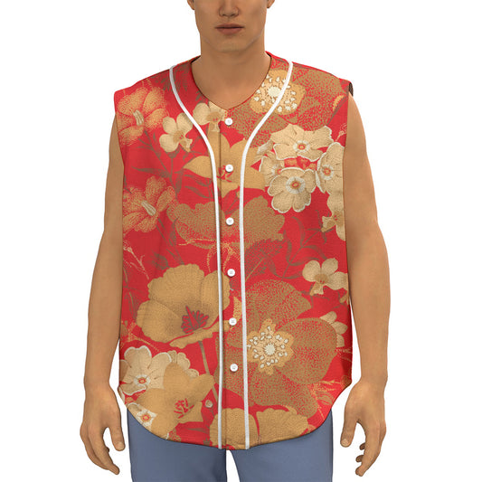 Vintage Chinese Flower Print Sleeveless Baseball Jersey