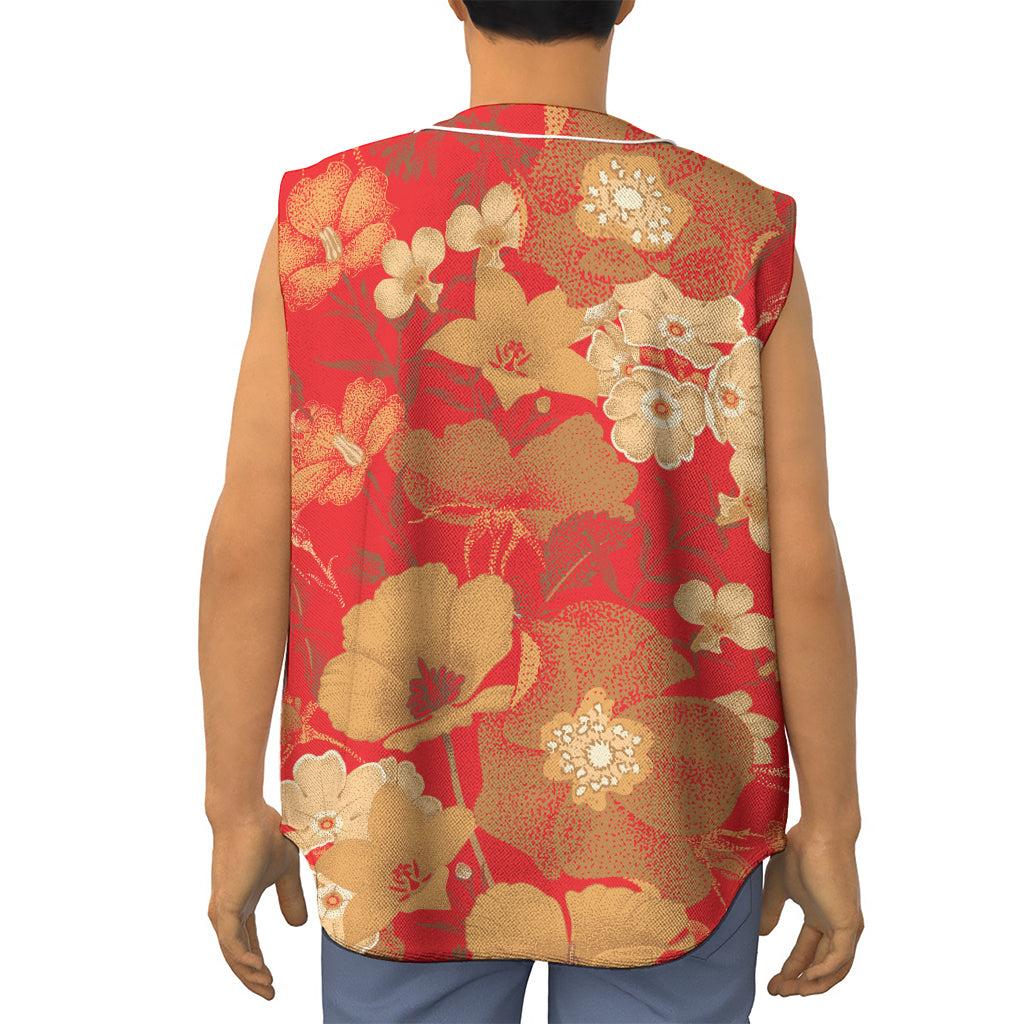 Vintage Chinese Flower Print Sleeveless Baseball Jersey