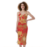 Vintage Chinese Flower Print Slim Fit Midi Cami Dress