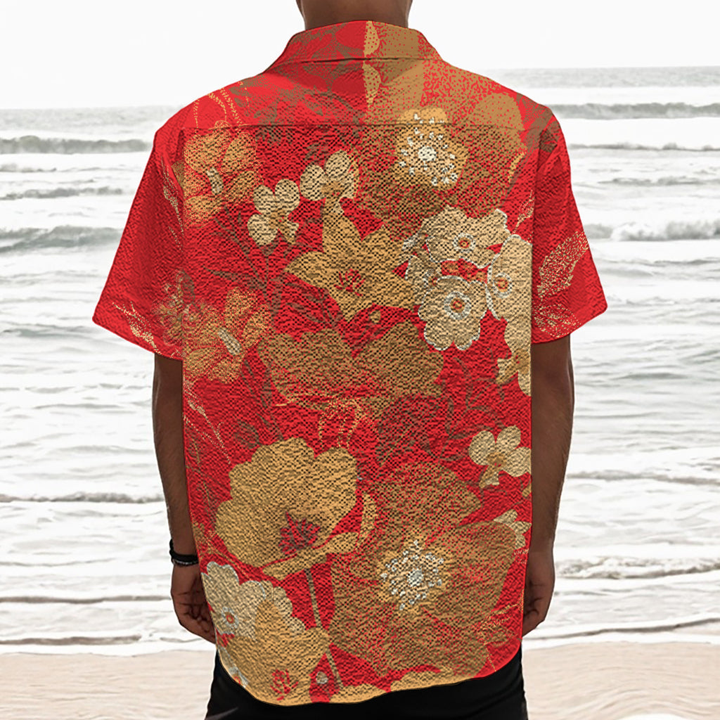 Vintage Chinese Flower Print Textured Short Sleeve Shirt
