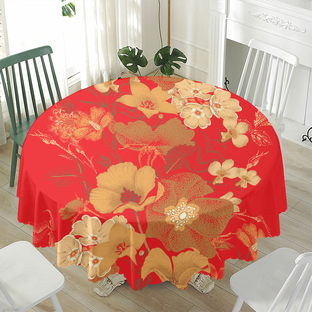 Vintage Chinese Flower Print Waterproof Round Tablecloth