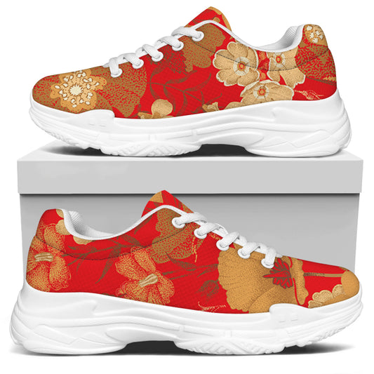 Vintage Chinese Flower Print White Chunky Shoes