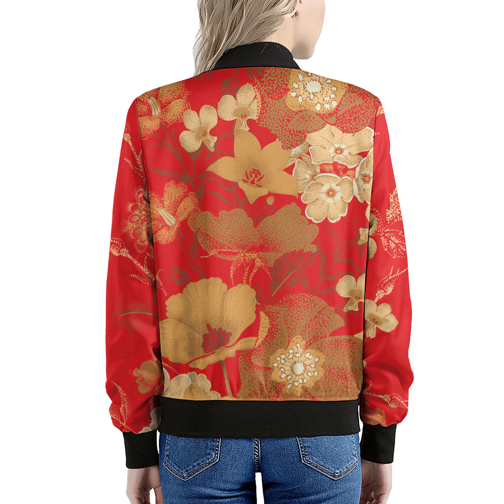 Vintage Chinese Flower Print Women's Bomber Jacket