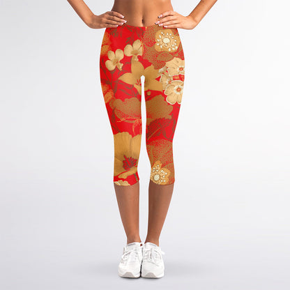 Vintage Chinese Flower Print Women's Capri Leggings
