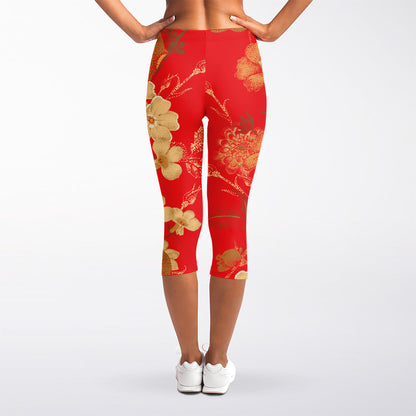 Vintage Chinese Flower Print Women's Capri Leggings