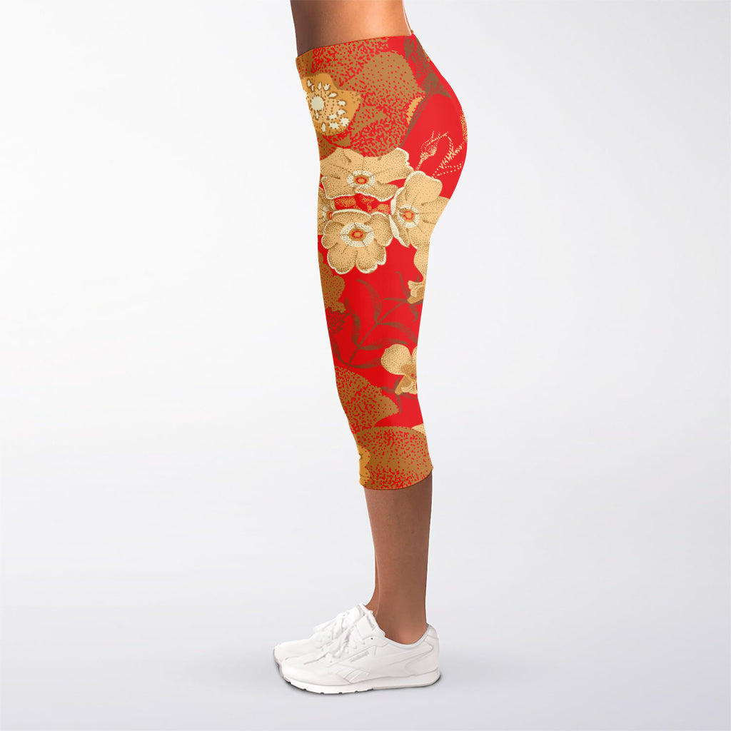 Vintage Chinese Flower Print Women's Capri Leggings