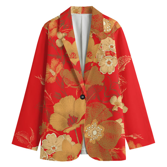 Vintage Chinese Flower Print Women's Cotton Blazer