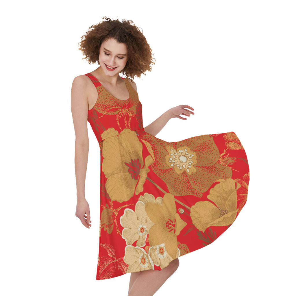 Vintage Chinese Flower Print Women's Sleeveless Dress