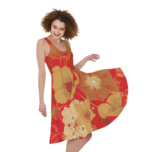 Vintage Chinese Flower Print Women's Sleeveless Dress
